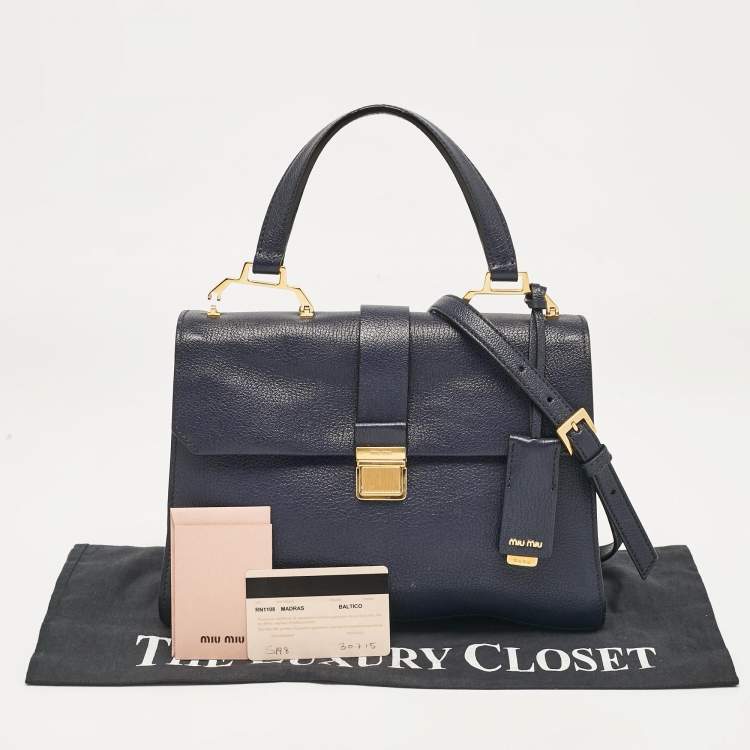 Pre Owned Miu Miu Navy Blue Leather Madras Top Handle Bag