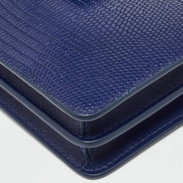Pre Owned Miu Miu Blue Lizard Embossed Leather Phone Wallet Crossbody Bag
