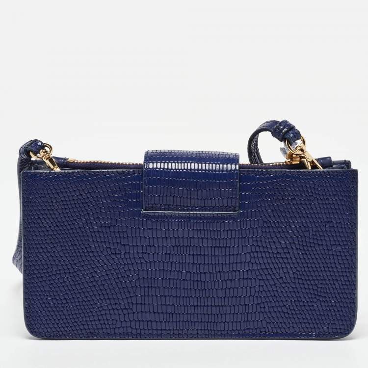 Pre Owned Miu Miu Blue Lizard Embossed Leather Phone Wallet Crossbody Bag