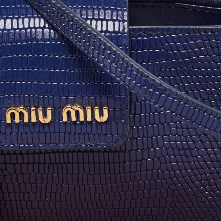 Pre Owned Miu Miu Blue Lizard Embossed Leather Phone Wallet Crossbody Bag