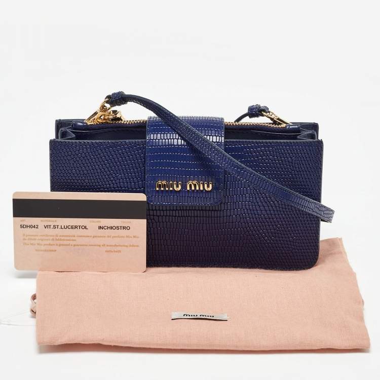 Pre Owned Miu Miu Blue Lizard Embossed Leather Phone Wallet Crossbody Bag
