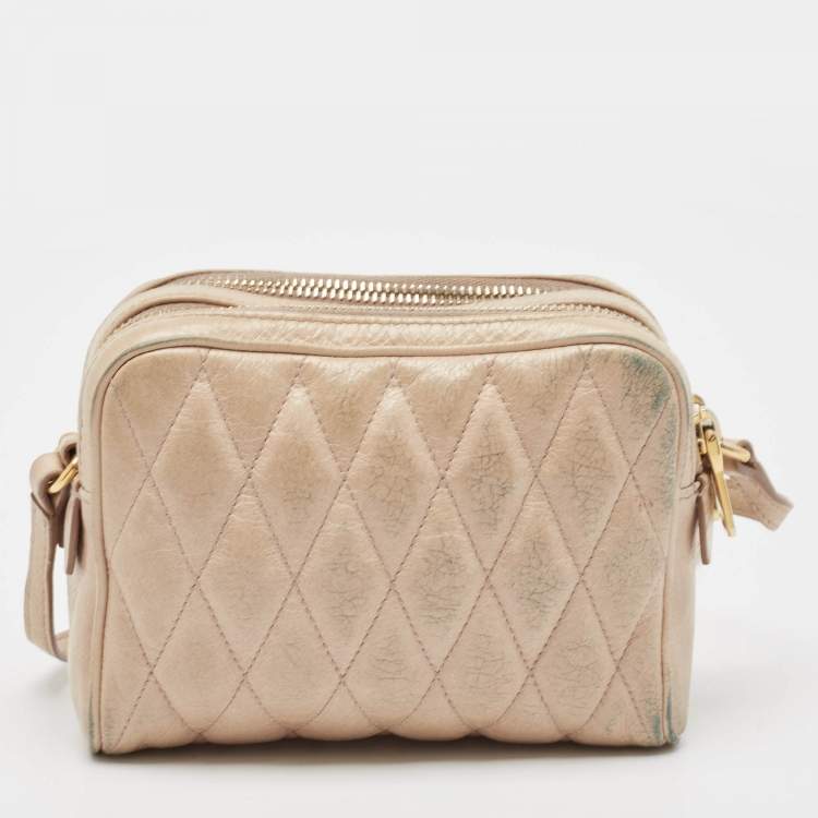 Pre Owned Miu Miu Beige Matelassé Leather Double Zip Camera Crossbody Bag