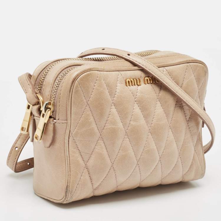 Pre Owned Miu Miu Beige Matelassé Leather Double Zip Camera Crossbody Bag