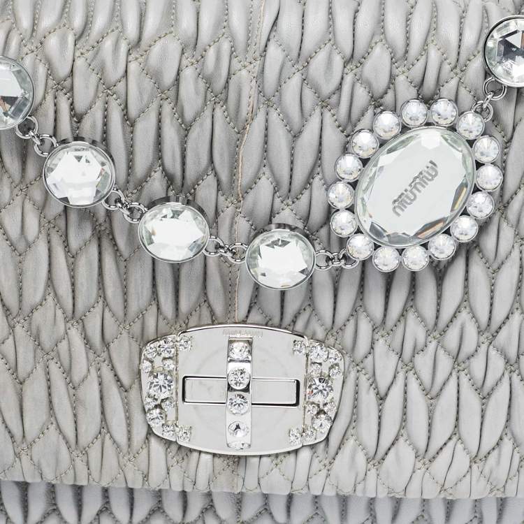 Pre Owned Miu Miu Grey Matelassé Leather Crystal Cloqué Flap Shoulder Bag