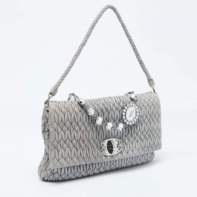 Pre Owned Miu Miu Grey Matelassé Leather Crystal Cloqué Flap Shoulder Bag