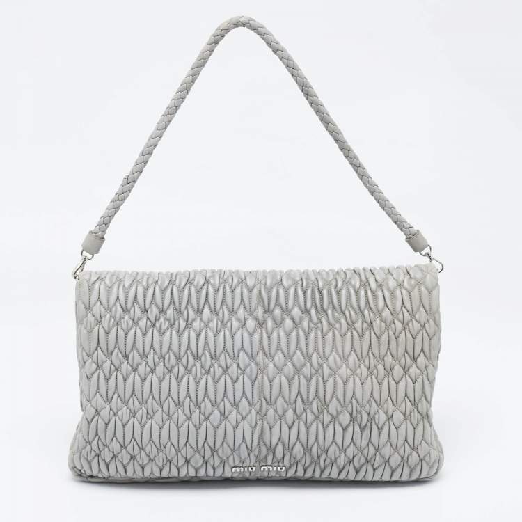 Pre Owned Miu Miu Grey Matelassé Leather Crystal Cloqué Flap Shoulder Bag