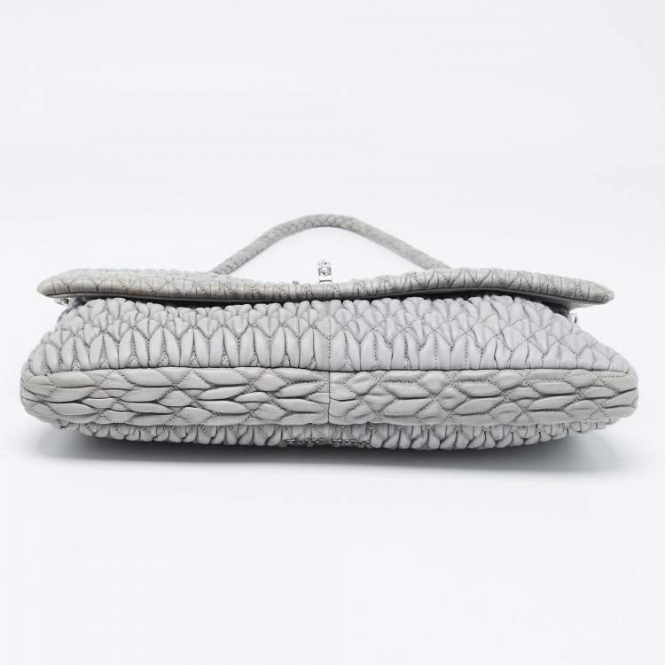 Pre Owned Miu Miu Grey Matelassé Leather Crystal Cloqué Flap Shoulder Bag
