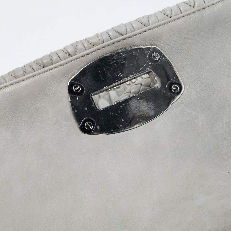 Pre Owned Miu Miu Grey Matelassé Leather Crystal Cloqué Flap Shoulder Bag
