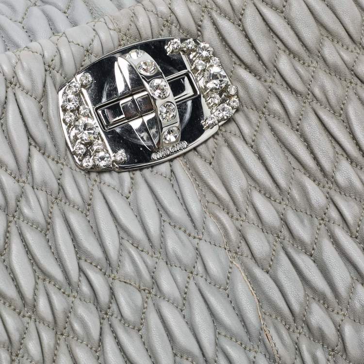 Pre Owned Miu Miu Grey Matelassé Leather Crystal Cloqué Flap Shoulder Bag