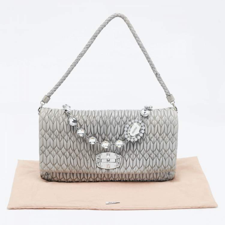 Pre Owned Miu Miu Grey Matelassé Leather Crystal Cloqué Flap Shoulder Bag
