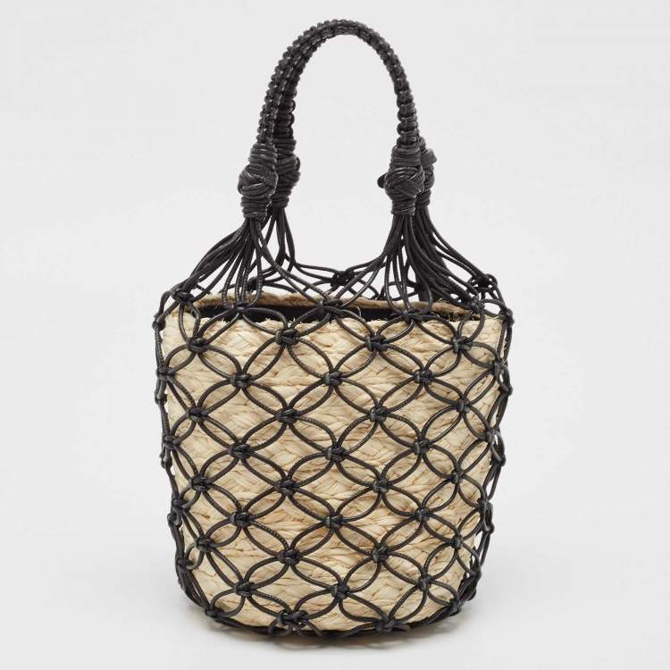 Pre Owned Miu Miu Black/Tan Leather Mesh and Straw Bucket Bag