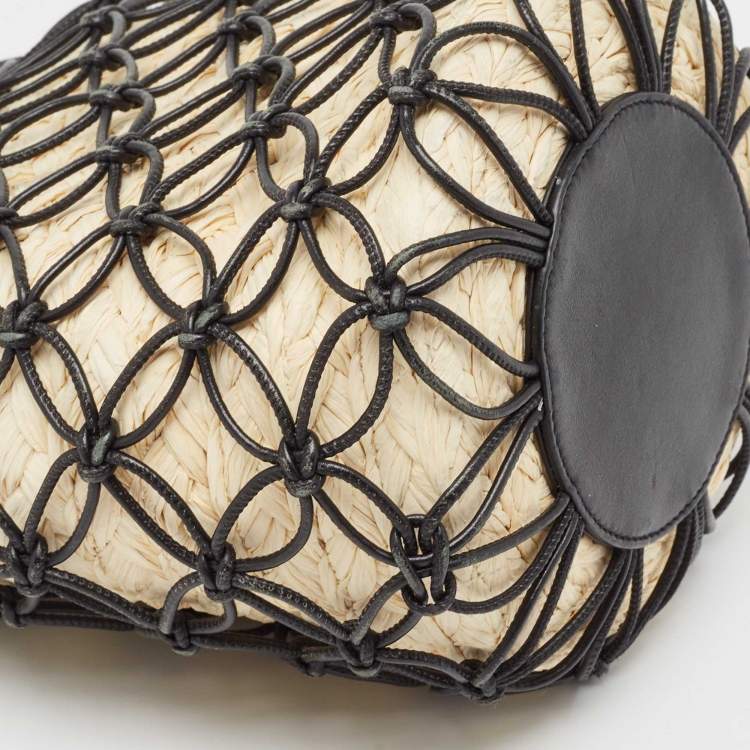 Pre Owned Miu Miu Black/Tan Leather Mesh and Straw Bucket Bag