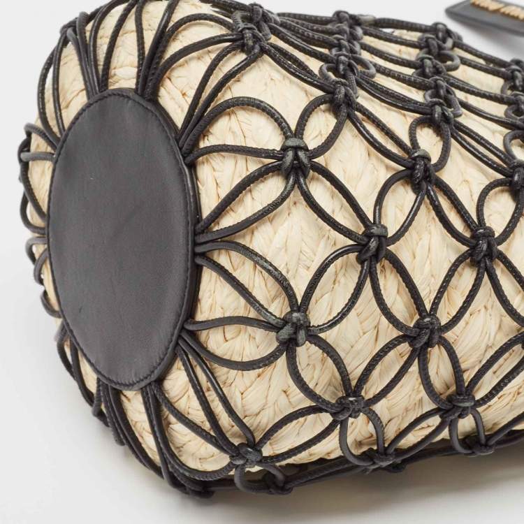 Pre Owned Miu Miu Black/Tan Leather Mesh and Straw Bucket Bag
