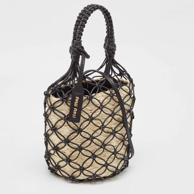 Pre Owned Miu Miu Black/Tan Leather Mesh and Straw Bucket Bag