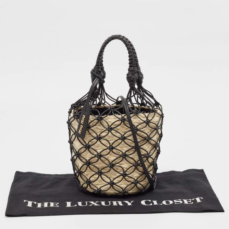 Pre Owned Miu Miu Black/Tan Leather Mesh and Straw Bucket Bag