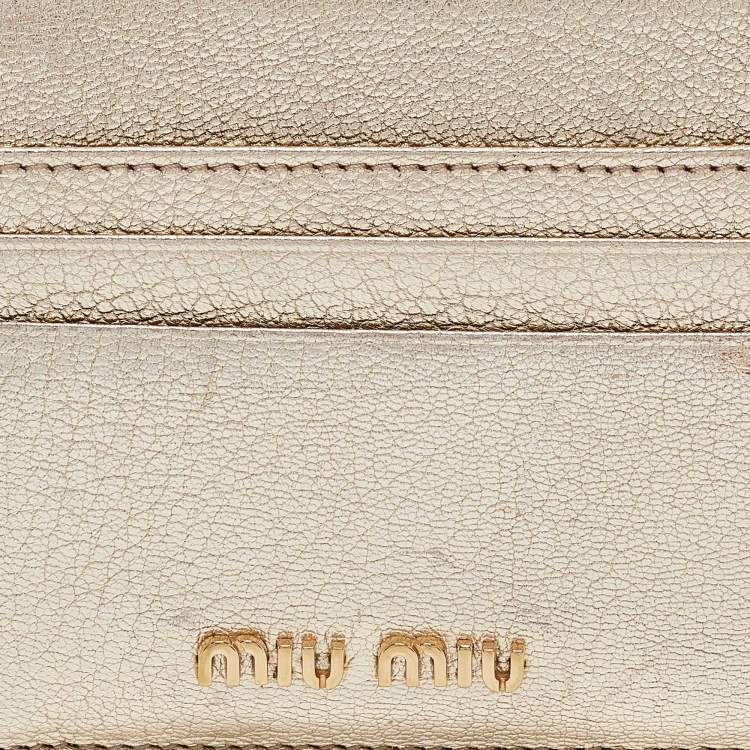 Pre Owned Miu Miu Metallic Gold Madras Leather Zip Card Holder