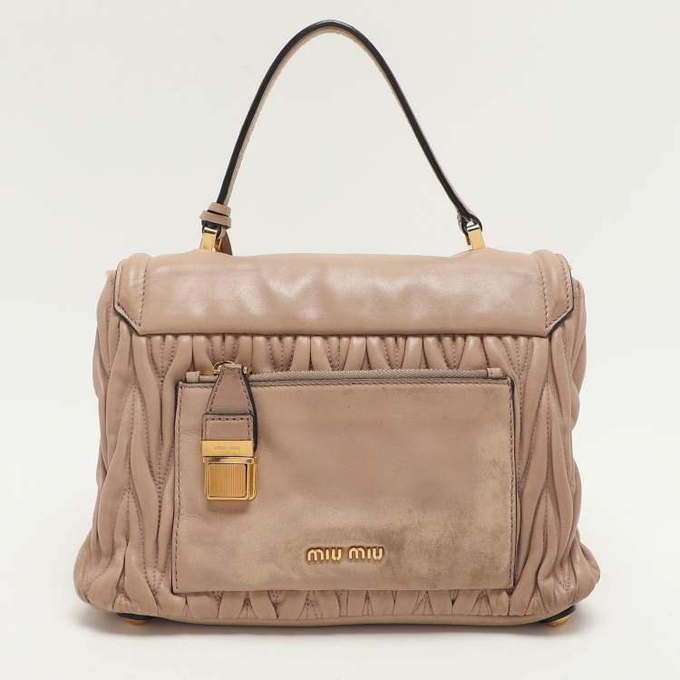Pre Owned Miu Miu Beige Matelasse Leather Push Lock Top Handle Bag