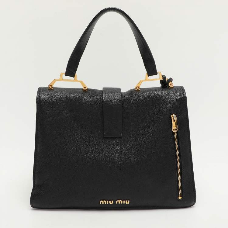 Pre Owned Miu Miu Black Leather Push Lock Top Handle Bag