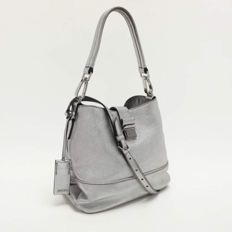 Pre Owned Miu Miu Silver Leather Push Lock Top Handle Bag