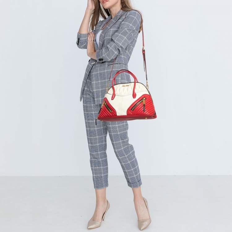Pre Owned Miu Miu Red/White Leather Biker Dome Satchel