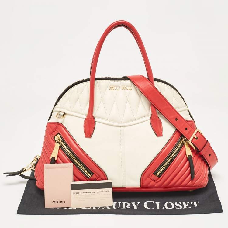 Pre Owned Miu Miu Red/White Leather Biker Dome Satchel