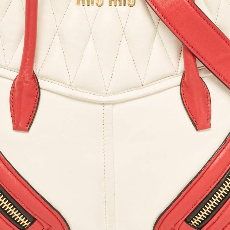 Pre Owned Miu Miu Red/White Leather Biker Dome Satchel