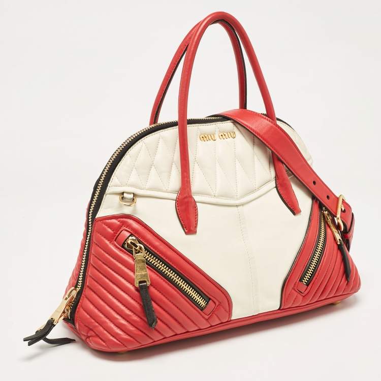 Pre Owned Miu Miu Red/White Leather Biker Dome Satchel