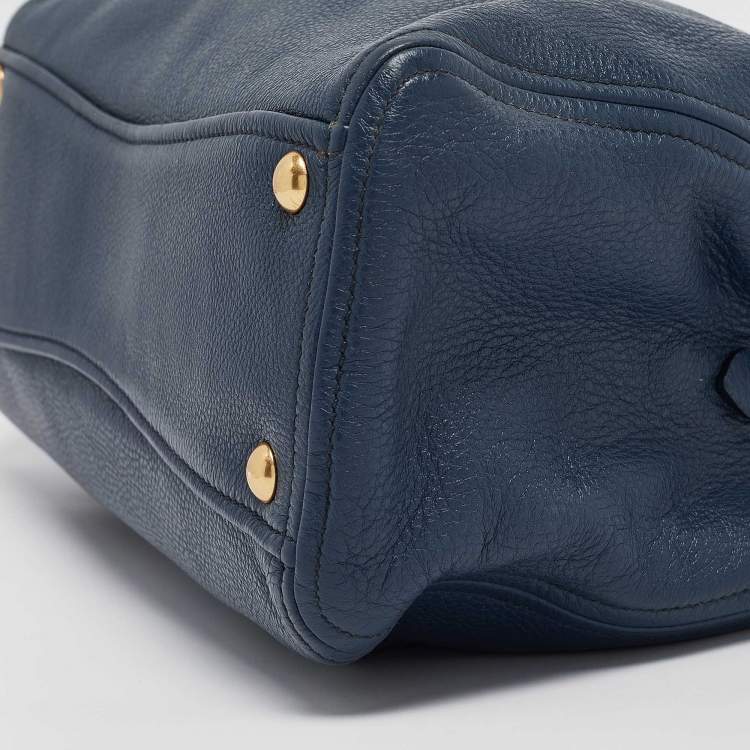Pre Owned Miu Miu Navy Blue Vitello Leather Side Zip Tote