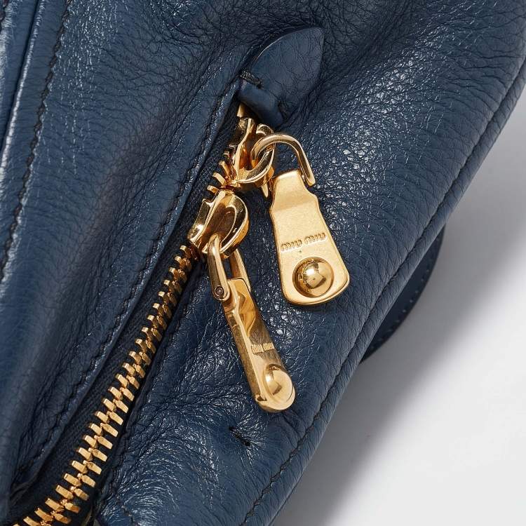 Pre Owned Miu Miu Navy Blue Vitello Leather Side Zip Tote