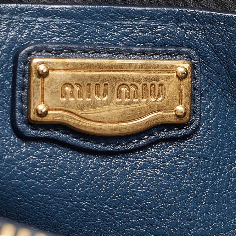 Pre Owned Miu Miu Navy Blue Vitello Leather Side Zip Tote