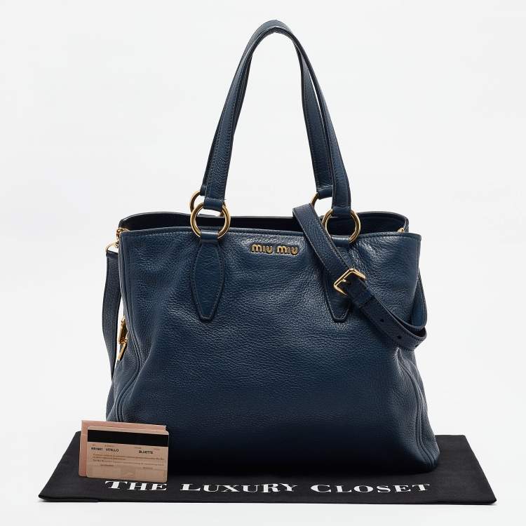 Pre Owned Miu Miu Navy Blue Vitello Leather Side Zip Tote