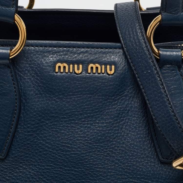 Pre Owned Miu Miu Navy Blue Vitello Leather Side Zip Tote