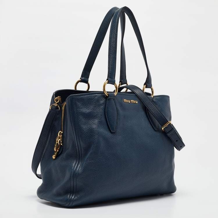 Pre Owned Miu Miu Navy Blue Vitello Leather Side Zip Tote