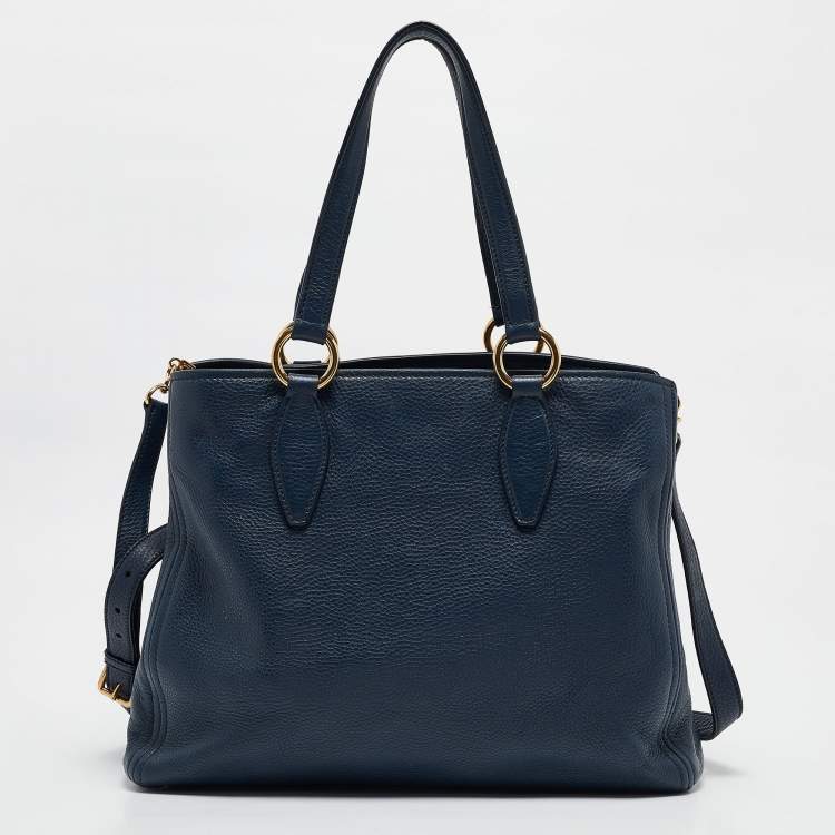 Pre Owned Miu Miu Navy Blue Vitello Leather Side Zip Tote