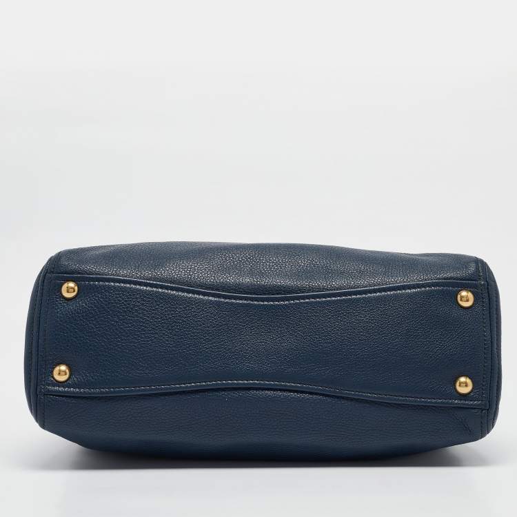 Pre Owned Miu Miu Navy Blue Vitello Leather Side Zip Tote