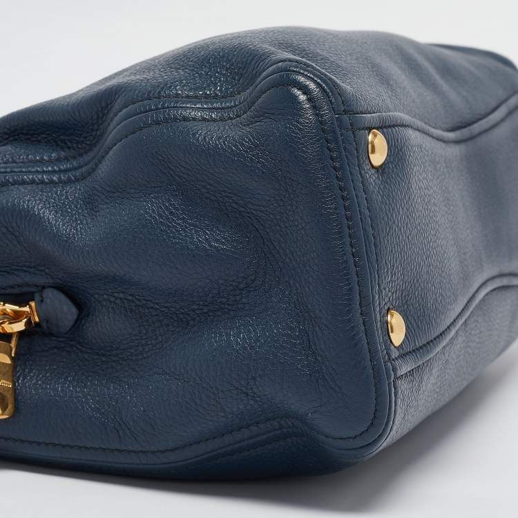 Pre Owned Miu Miu Navy Blue Vitello Leather Side Zip Tote