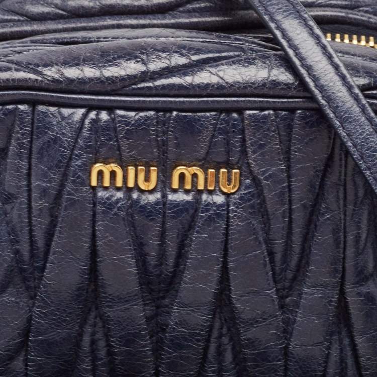 Pre Owned Miu Miu Navy Blue Matelassé Leather Camera Crossbody Bag