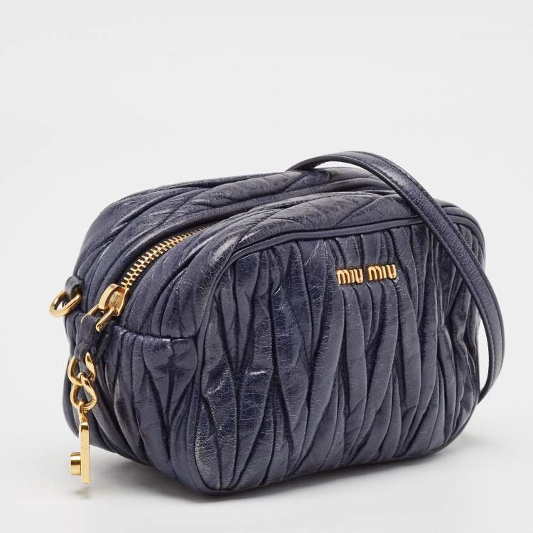 Pre Owned Miu Miu Navy Blue Matelassé Leather Camera Crossbody Bag