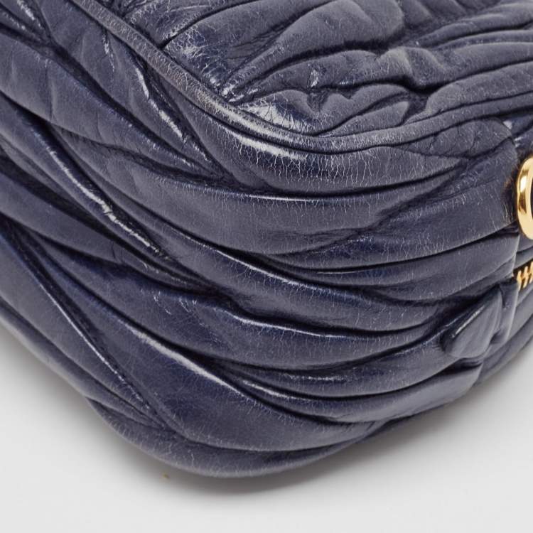 Pre Owned Miu Miu Navy Blue Matelassé Leather Camera Crossbody Bag