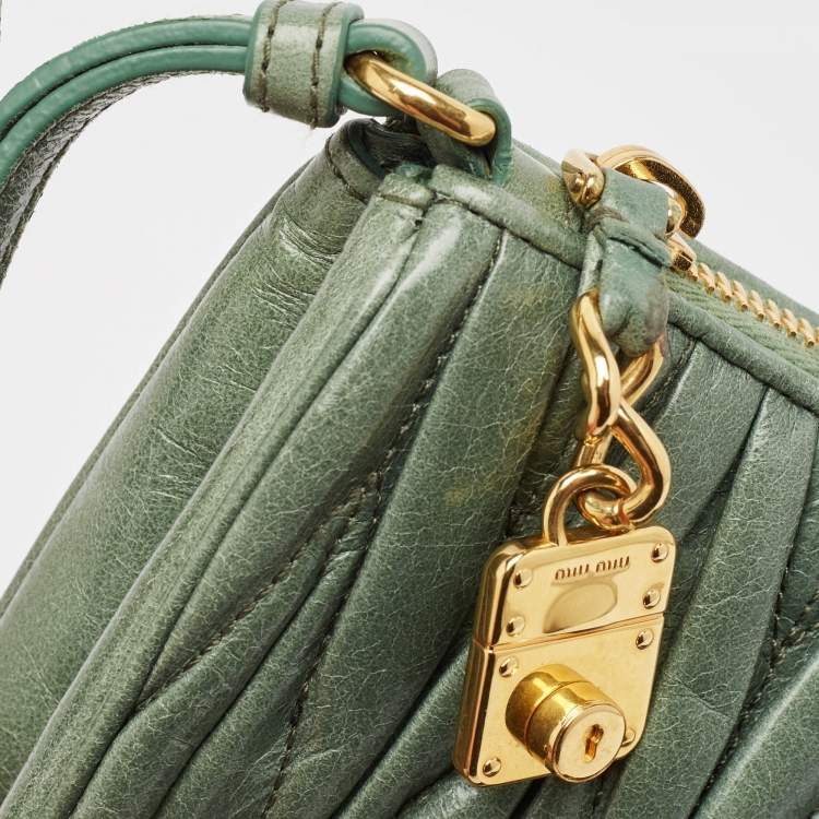 Pre Owned Miu Miu Light Green Matelassé Leather Zip Clutch