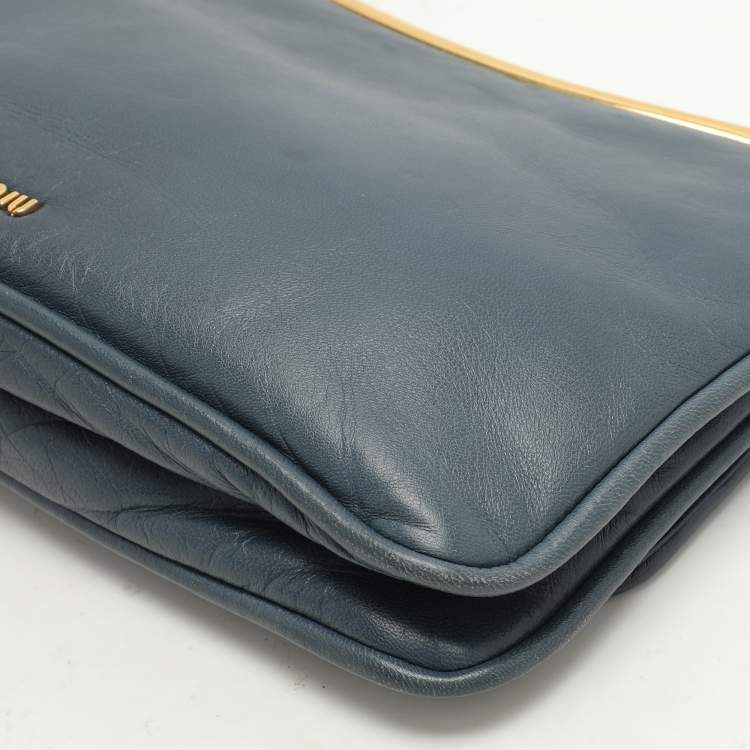 Pre Owned Miu Miu Dusty Blue Leather Flap Frame Clutch