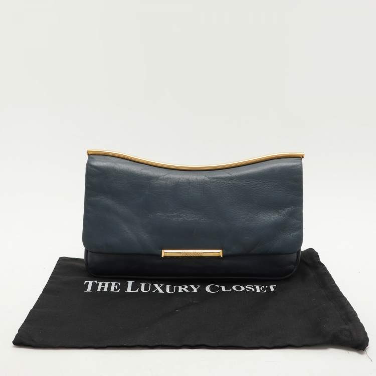 Pre Owned Miu Miu Dusty Blue Leather Flap Frame Clutch