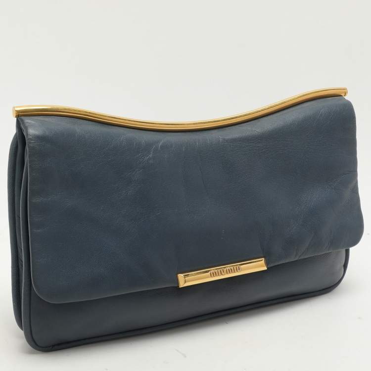 Pre Owned Miu Miu Dusty Blue Leather Flap Frame Clutch