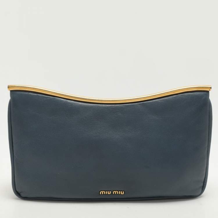 Pre Owned Miu Miu Dusty Blue Leather Flap Frame Clutch