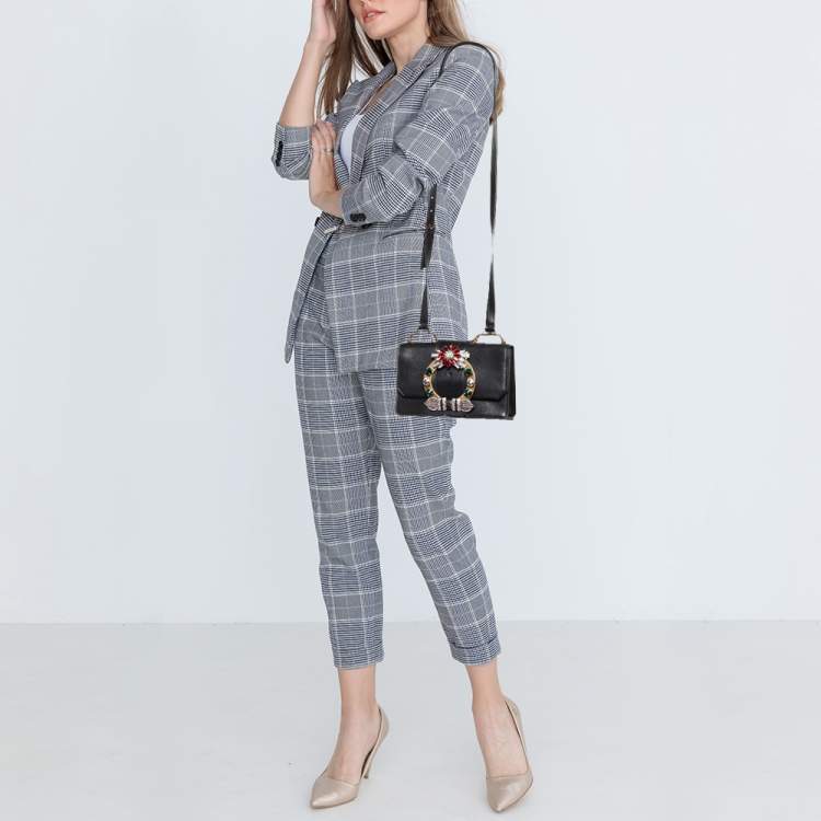 Pre Owned Miu Miu Black Madras Leather Crystal Embellished Buckle Flap Shoulder Bag