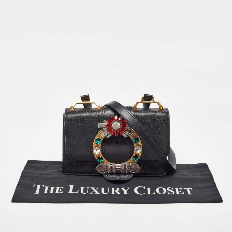 Pre Owned Miu Miu Black Madras Leather Crystal Embellished Buckle Flap Shoulder Bag