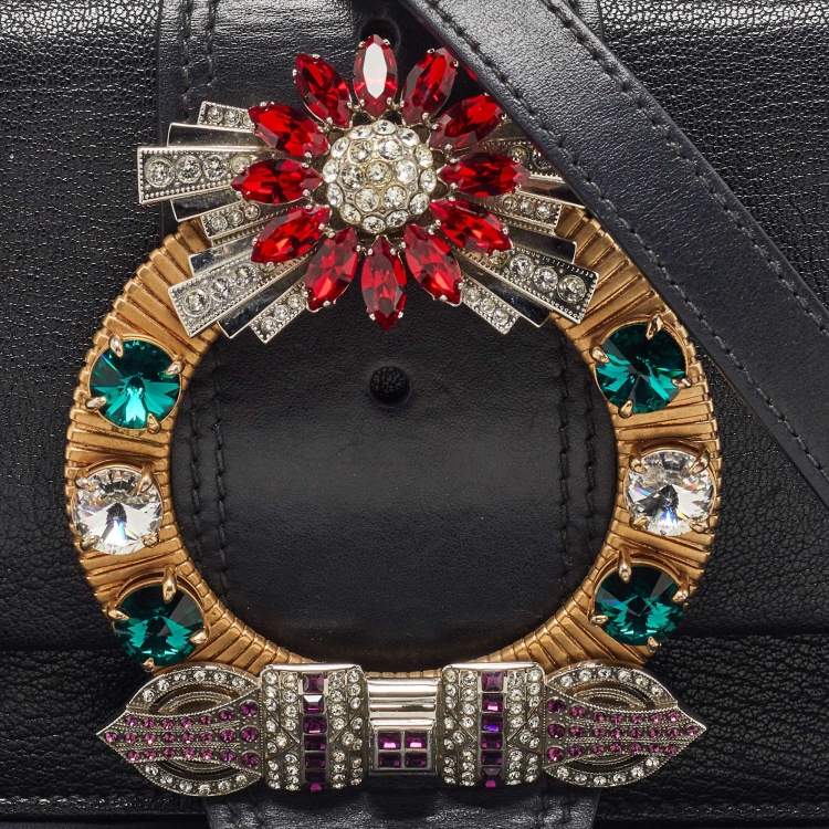 Pre Owned Miu Miu Black Madras Leather Crystal Embellished Buckle Flap Shoulder Bag