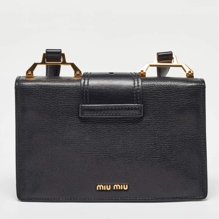 Pre Owned Miu Miu Black Madras Leather Crystal Embellished Buckle Flap Shoulder Bag