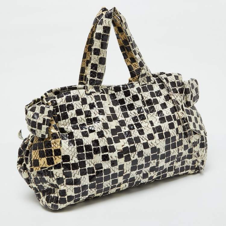 Pre Owned Miu Miu Black/Cream Snakeskin Side Bow Tote