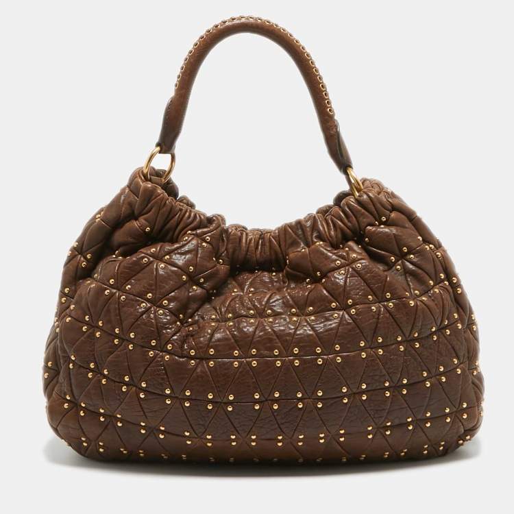 Pre Owned Miu Miu Dark Brown matelasse Leather Studded Hobo